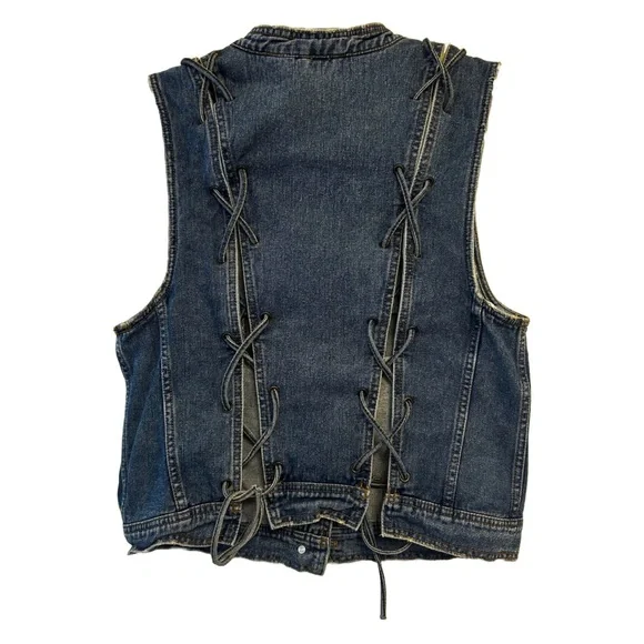 Free People Laceup Button Down Blue Jean Denim Vest, Women’s Large - Picture 3 of 11
